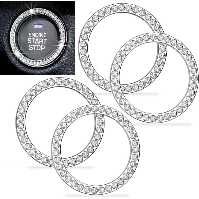 4Pcs White Bling Crystal Rhinestone Car Ignition Button Ring, Car Emblem Sticker with 35 Pcs Sparkling Rhinestones for Engine Ignition Key Button, AC Control Knobs, Volume and Tune Knobs