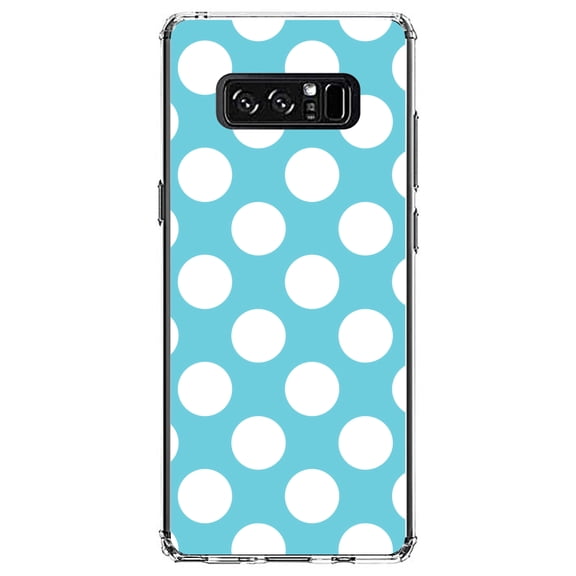 DistinctInk Clear Shockproof Hybrid Case for Samsung Galaxy Note 8 - TPU Bumper, Acrylic Back, Tempered Glass Screen Protector - White & Blue Polka Dots