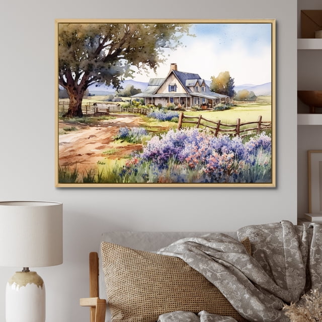 Designart Trees Oversized framed wall art decor, Tree Natural framed wall art, Majestic Oak Tree At The Farm Rustic Landscape , Purple Traditional Natural framed wall art, Natural brown color Frame