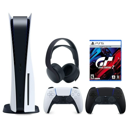 Sony Playstation 5 Disc (PS5 Disc) with Extra Black Controller, Gran Turismo 7 Launch Edition and Black PULSE 3D Headset Bundle