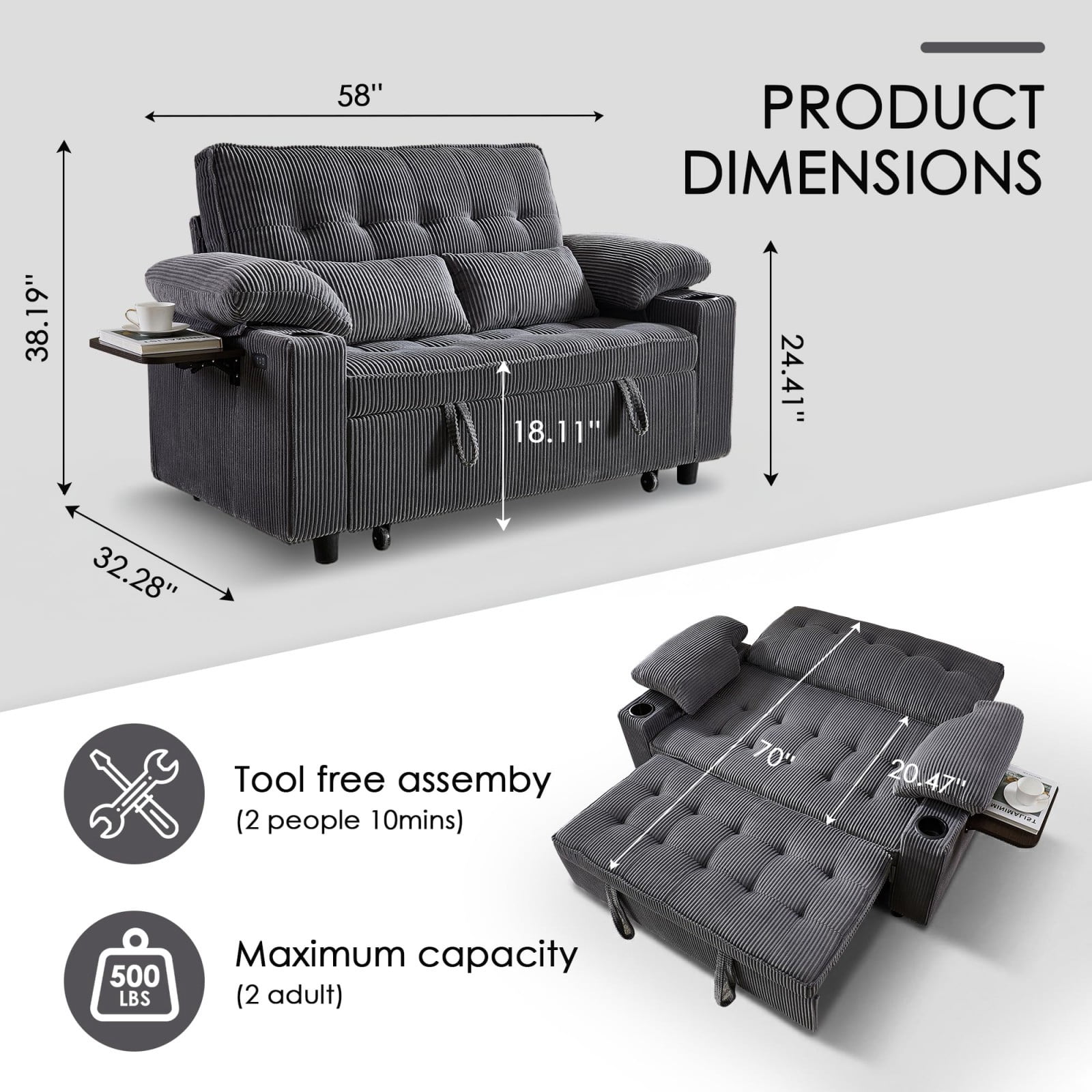 58" Sleeper Sofa Bed, Convertible Pull Out Couch Full Size Loveseat with Corduroy Fabric, USB Charging, Adjustable Backrest for Living Room Apartment Office, Dark Gray