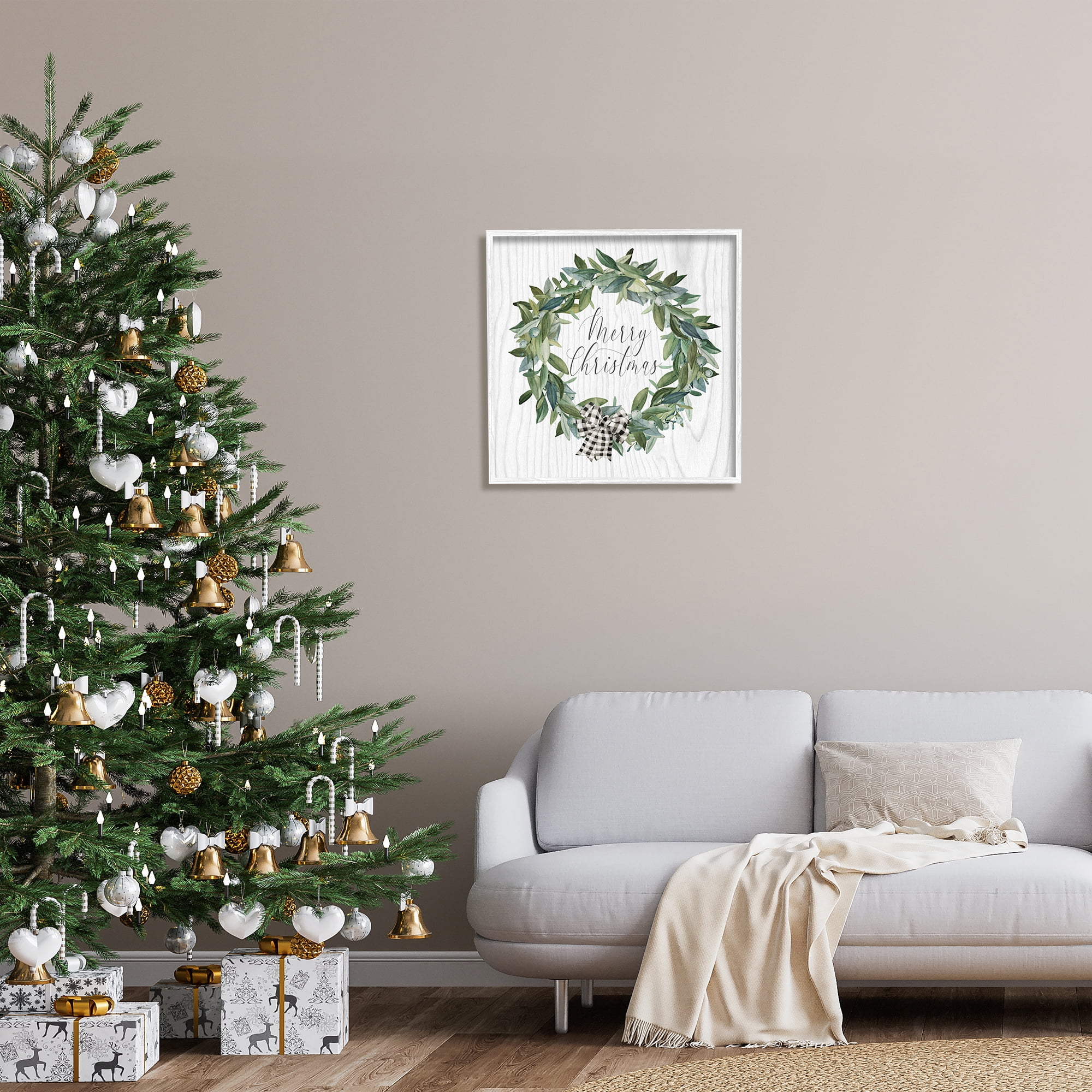 Stupell Industries Tartan Bow Wreath Holiday Painting White Framed Art Print Wall Art, 24 x 24