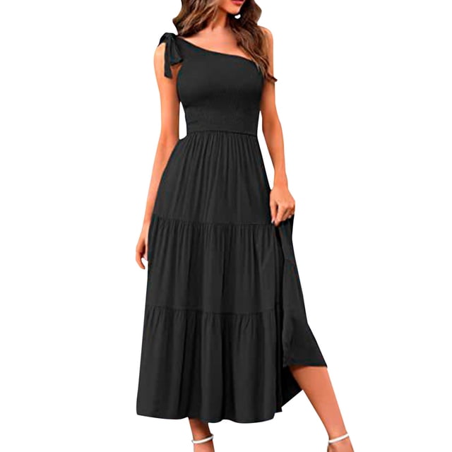 Prolriy Robes Printemps Été pour Femmes 2025 Robe Maxi d'Été pour Femmes Robe Longue Sans Manches à une Épaule Ourlet à Volants Robe Fluide Robes d'Été pour Femmes, Robes Noires TG