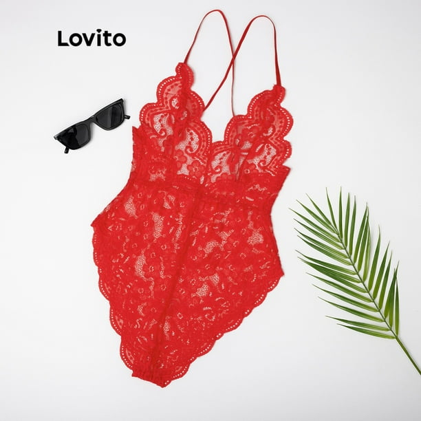 Lovito Set de Braguita Sexy Encaje Cuello V Pronunciado L12058 (Rojo / Blanco)pangjing
