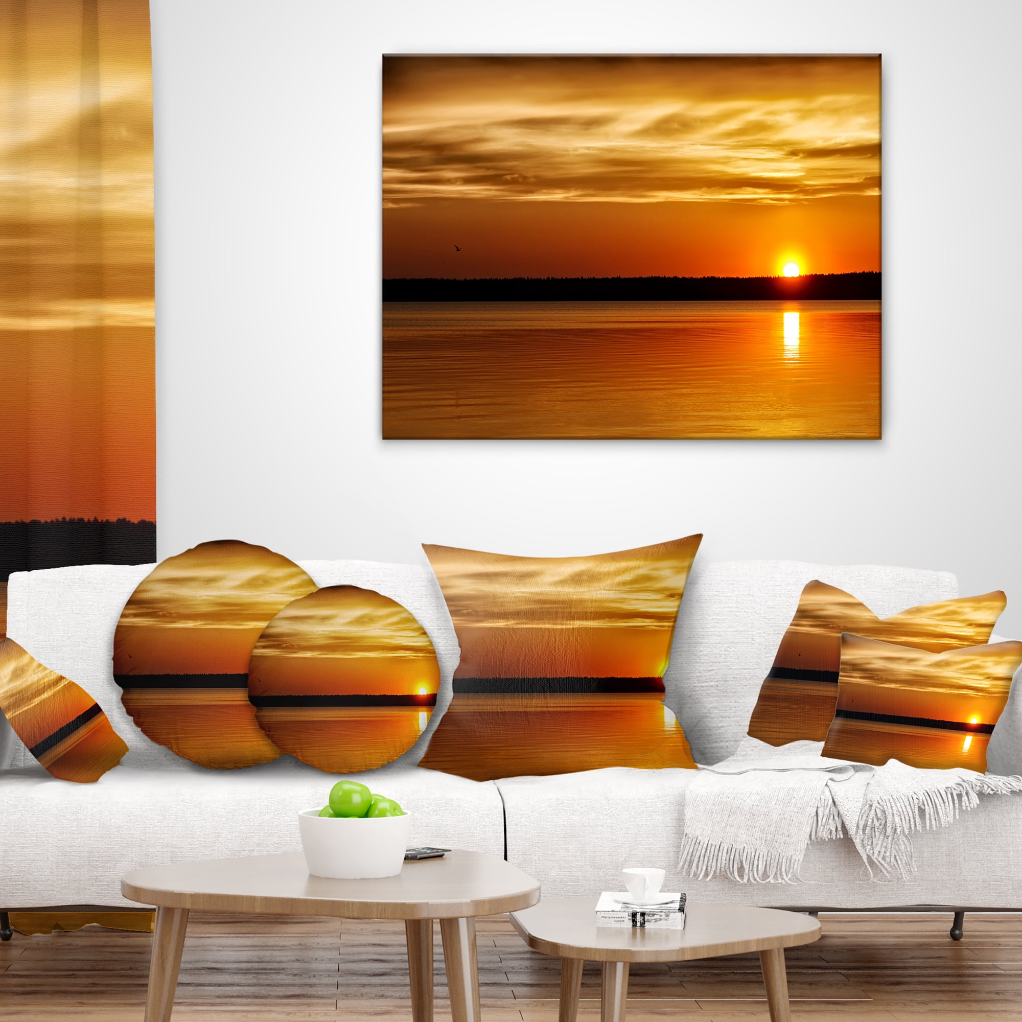 Designart Day and Night Seascape Panorama - Modern Seashore Throw Pillow - 18x18
