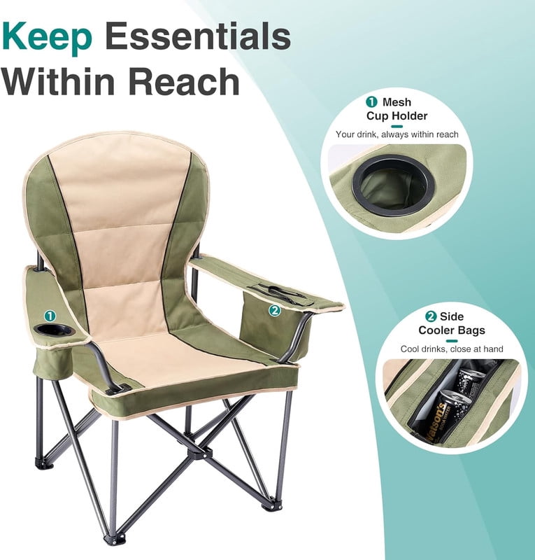 Simenmax Heavy Duty Camping Chair, Oversized Portable Folding Chair with Cooler Bag and Cup Holder, Outdoor Lawn Chair for Hiking Beach Sports,Green