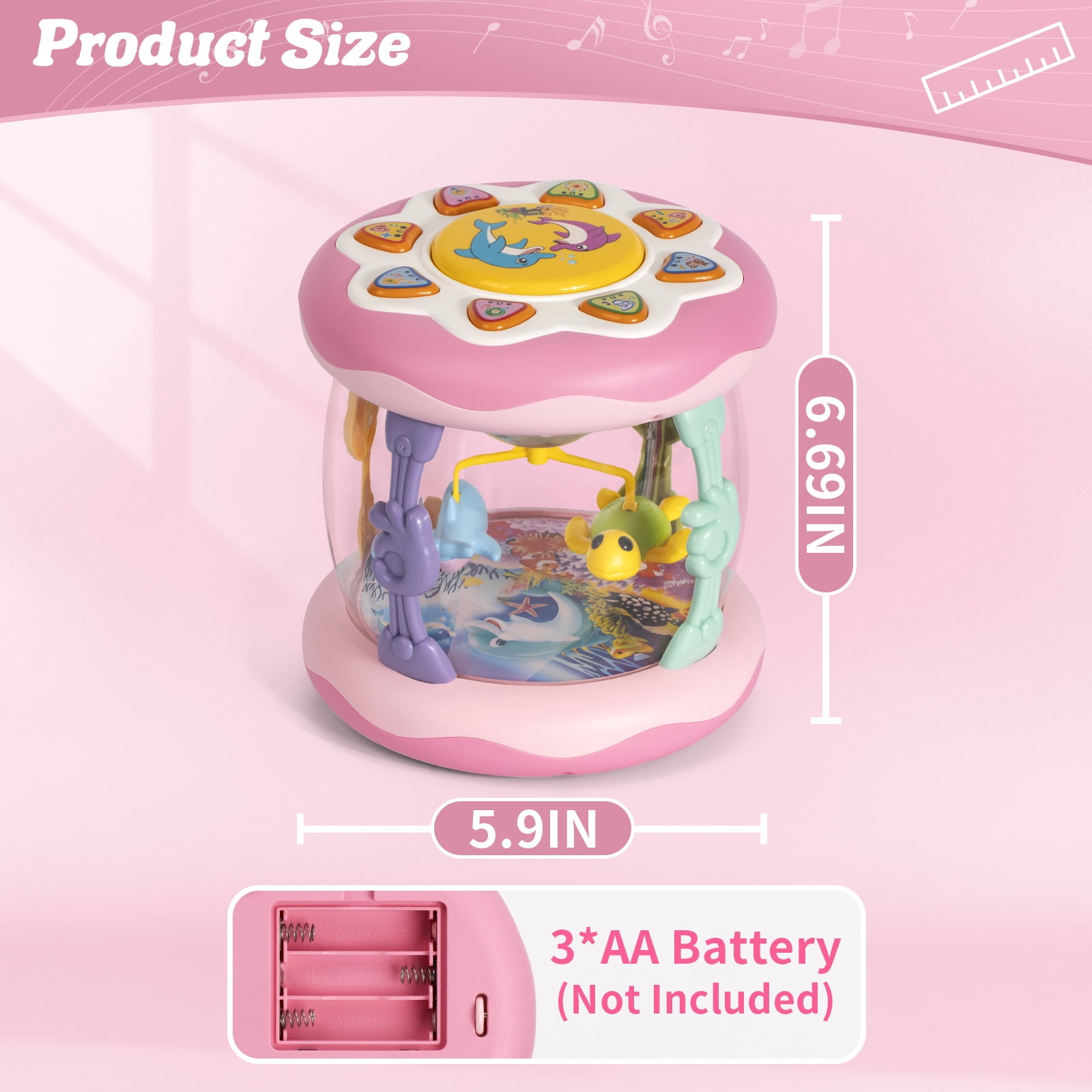 Ficcug Baby Musical Toys for 6-12 Months,Baby Light Up Rotating Ocean Projector Drums Toy for Infant Tummy Time,Learning Crawling Toys for 1 2 3 Year Old Toddler Girls Birthday Gift,Pink