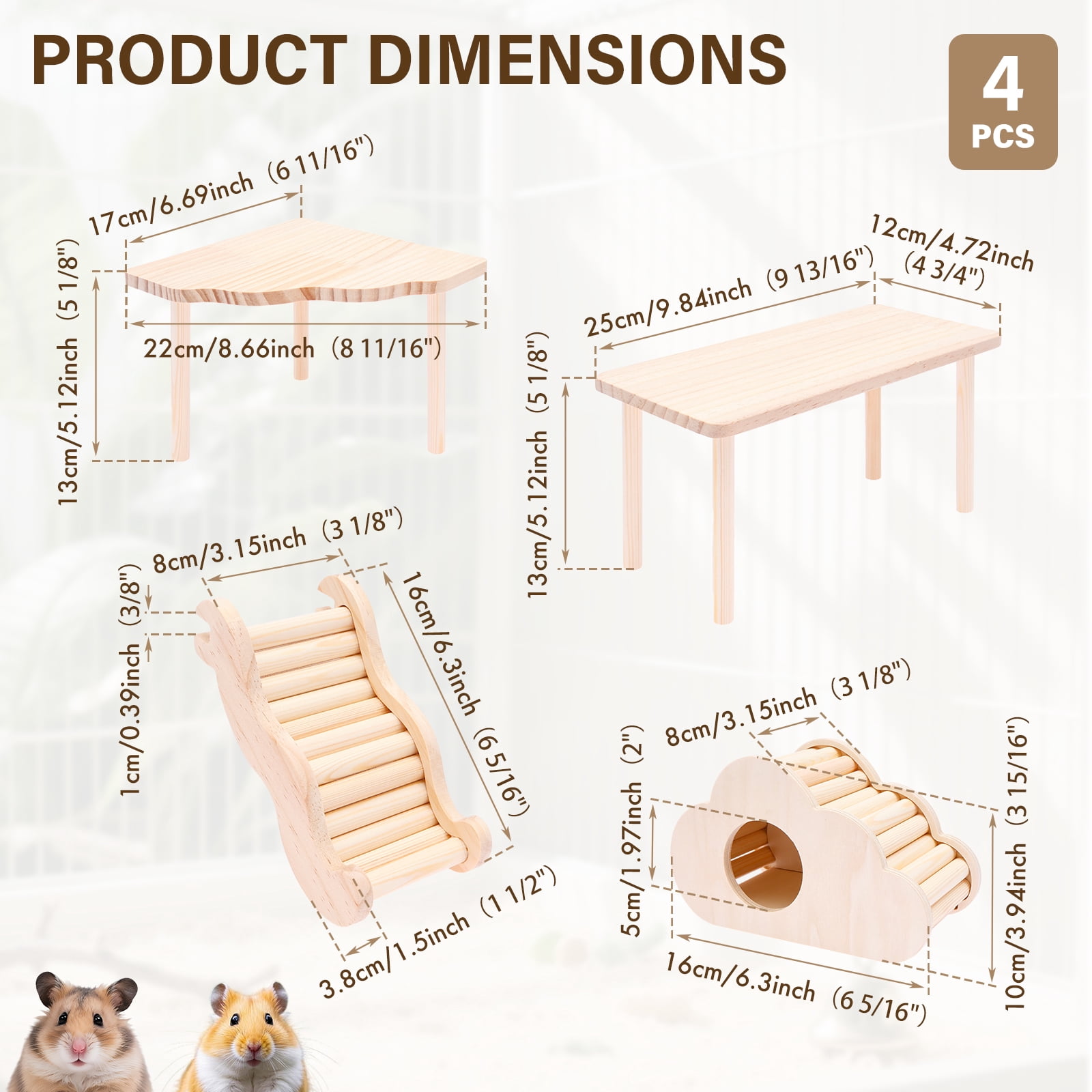 4 Pcs Hamster Platform Hideout Wood Ladder Playhouse Hamster Game Climbing Toy with Platform Cage Accessories for Small Pet