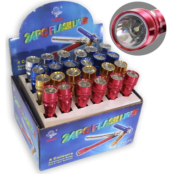GLOW PRO 24-Piece Set | Brightly Colored Aluminum Flashlights | 6.25" Length | 1" Head Diameter | Red, Blue, Silver, Gold | Counter-Top Display | Requires 2 "AA" Batteries (Not Included)