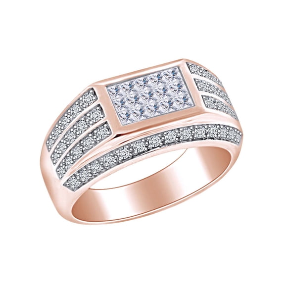 AFFY Father's Day Gift 1 Carat (Cttw) Princess & Round White Natural Diamond Men's Enjgagement Wedding Band Ring 10k Solid Rose Gold Ring Size-9