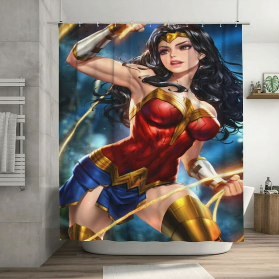 Wonder Woman Shower Curtain, Waterproof Washable Decorative Shower Curtain for Bathroom Bathtub, Bath Accessories Decor Set with 12 Hooks 72x72Inch Plastic