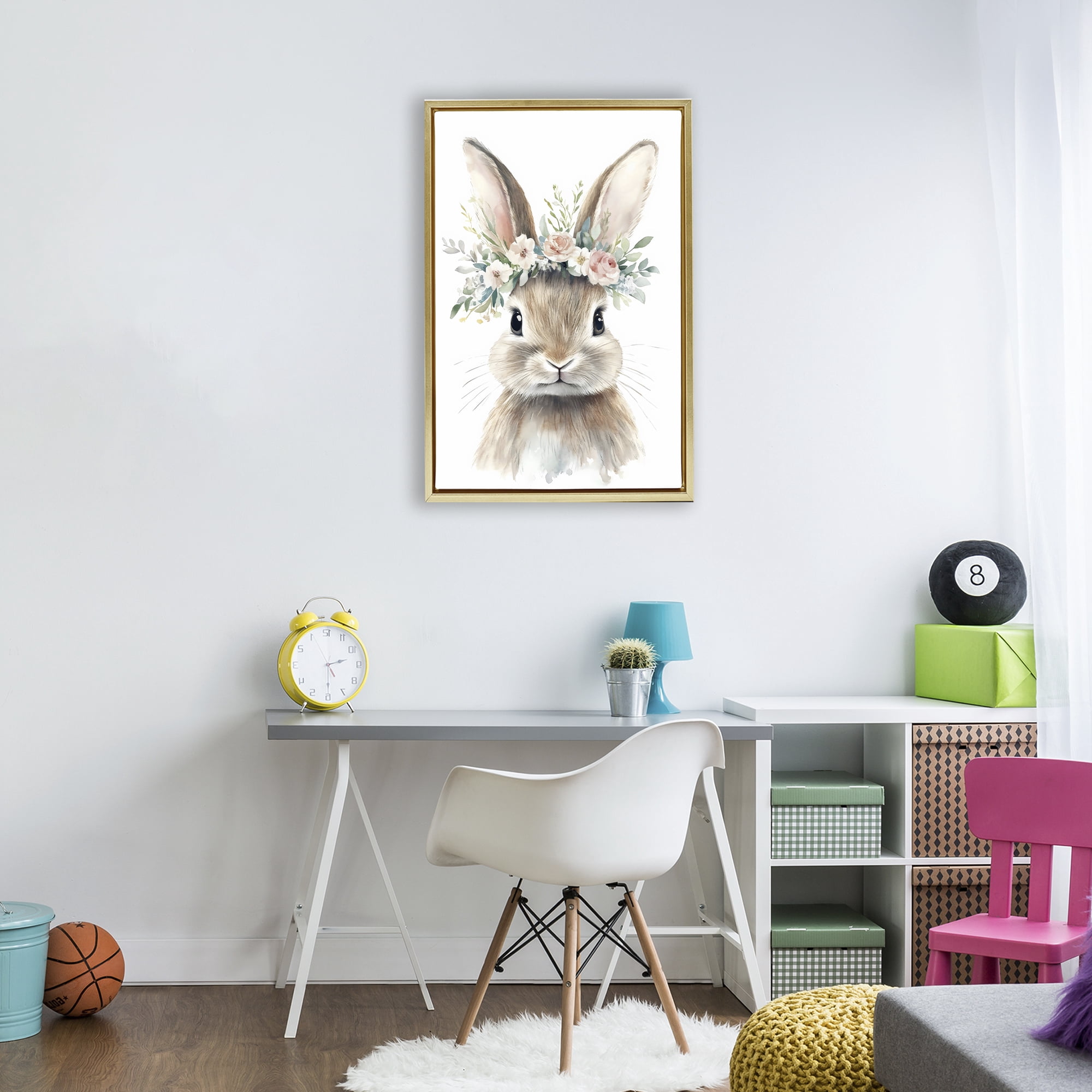 Stupell Industries Flower Adorned Baby Rabbit Gold Framed Floater Canvas Wall Art, design by Creative Studio