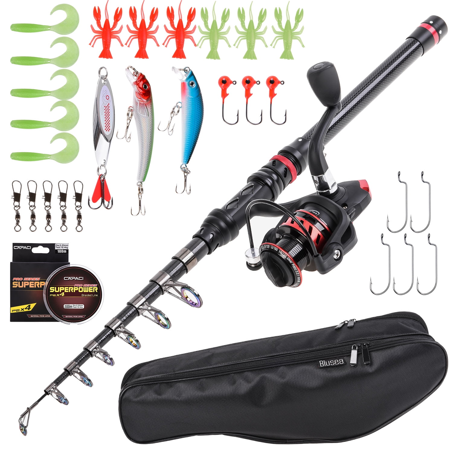 Telescopic Fishing Rod and Reel Spining Pole Case Combo Saltwater Freshwater