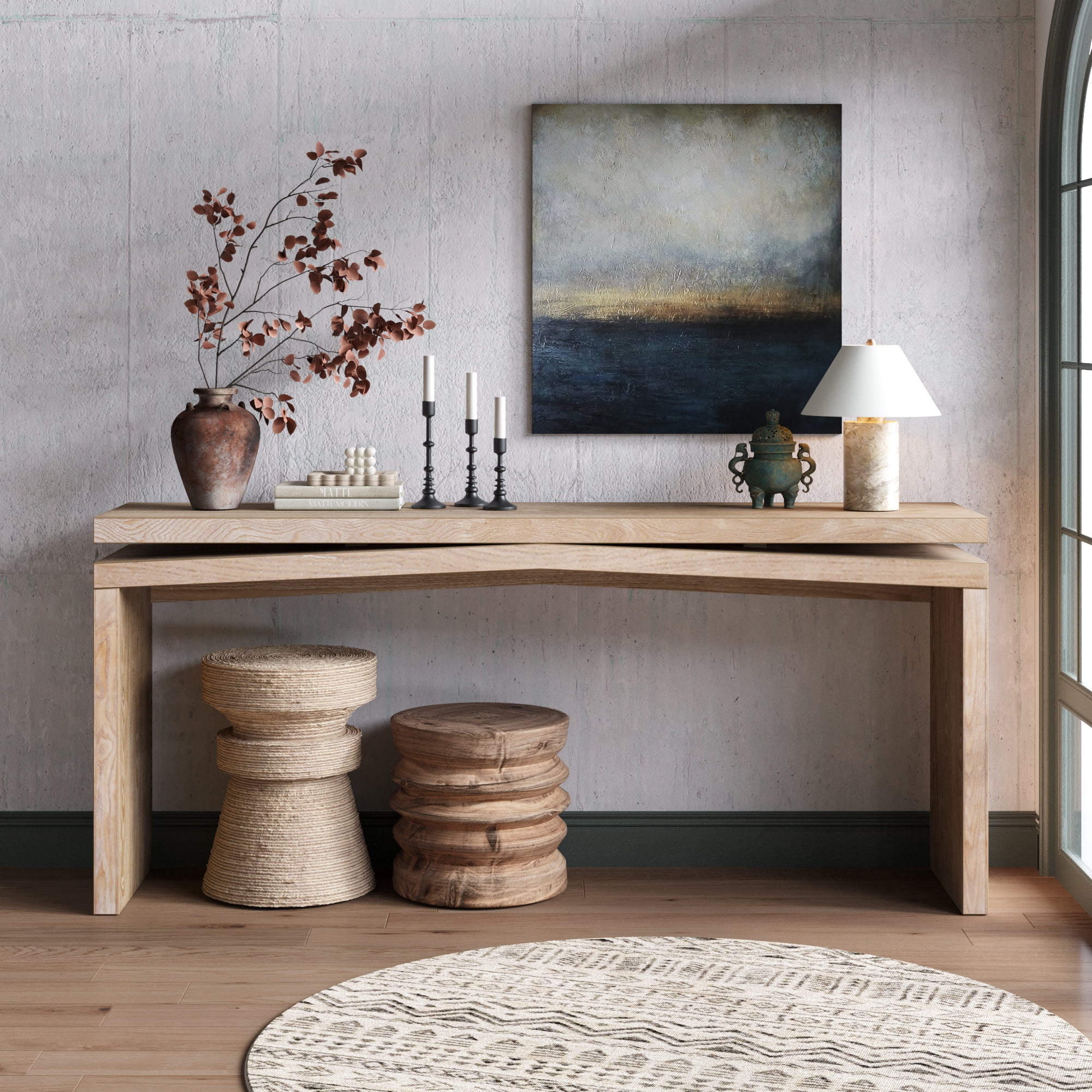 Garitin Console Table and Rustic Entryway Sofa Table 64.96 Inch, Farmhouse Hallway Accent Table with Sled Base for Living Room, Antique Natural