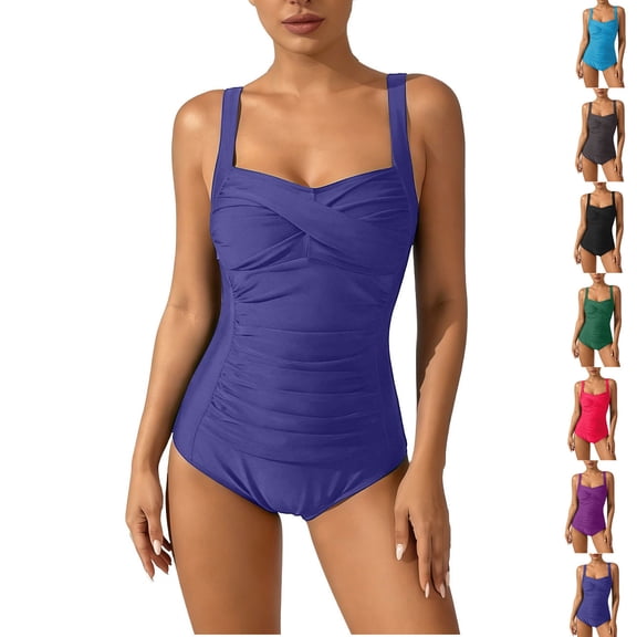 FRSASU Women Tummy Control One Piece Swimsuit Solid Color Halter Retro Bathing Suit Sky Blue