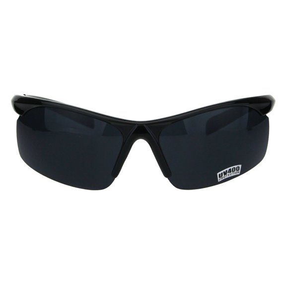 Mens Baseball Sport Half Rim Warp Around Plastic Rectangular Sunglasses Shiny Black
