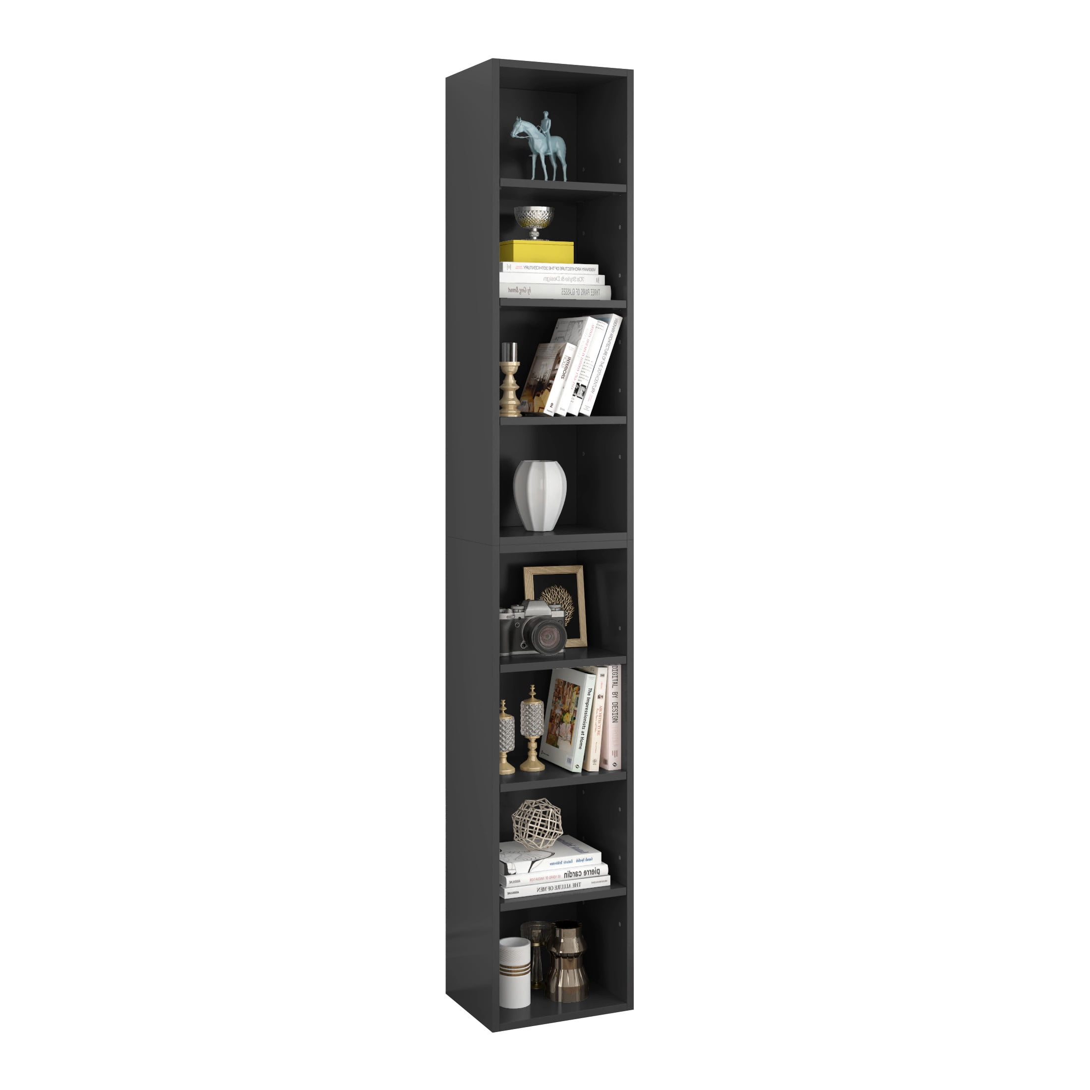 PORKISS 8-Tier Bookshelf, Wood Open Display Bookshelf with Adjustable Shelves, Tall Narrow Bookcase with Slim Storage, Modern Book Display Shelf Media Tower Rack for Living Room, Home Office, Black