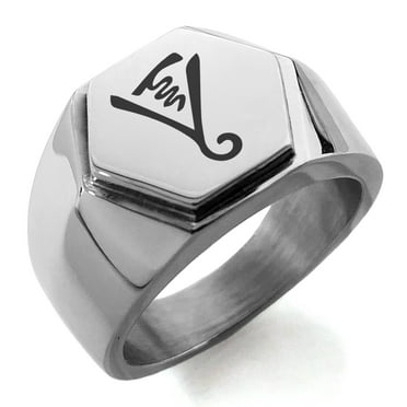 Stainless Steel Reiki Dumo Tibetan Master Engraved Hexagon Crest Flat Top Biker Style Polished Ring