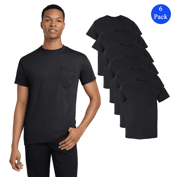 Gildan Heavy Cotton Pocket T-Shirt for Men, 6 Pack Short Sleeve Classic Fit Pocket Tee, Black, S