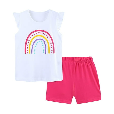 

Outfits For Toddler Christmas Kids Girls Summer Rainbow Cartoon Print Fly Sleeve T Shirt Tops And Solid Color Shorts 2 Pieces Clothing Sets Size 5-6 Years