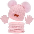 thumbnail image 1 of Conjunto de tres piezas de gorro, bufanda y guantes para niños de Europa y América, gorro de bebé con bola doble de colores cálidos para otoño e invierno, 1 of 3
