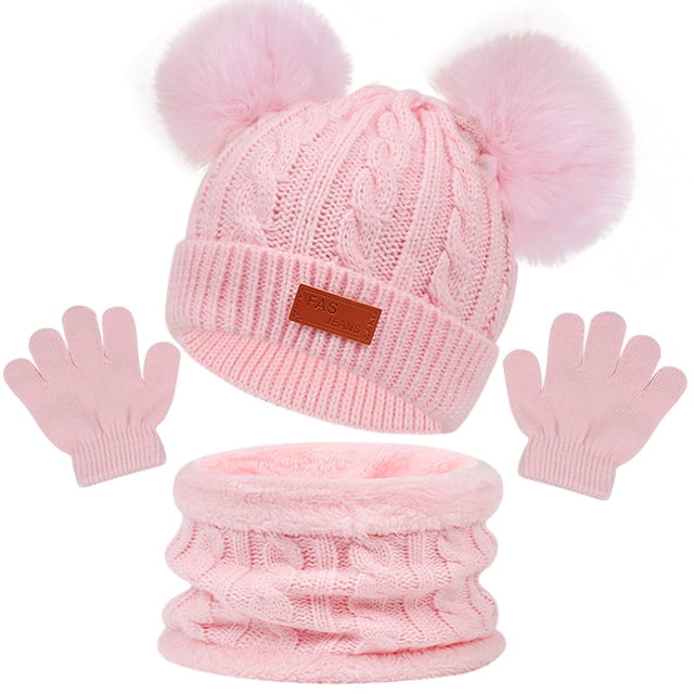 Conjunto de tres piezas de gorro, bufanda y guantes para niños de Europa y América, gorro de bebé con bola doble de colores cálidos para otoño e invierno