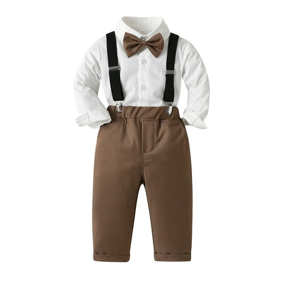 Zshosam Baby Outfit Boy Toddler Boy Clothes Suit Gentleman Wedding Outfits Kids Formal Dress Shirt Bowtie Long Suspender Pants Overalls Size 3T 4T,(Brown 3-4 Years)