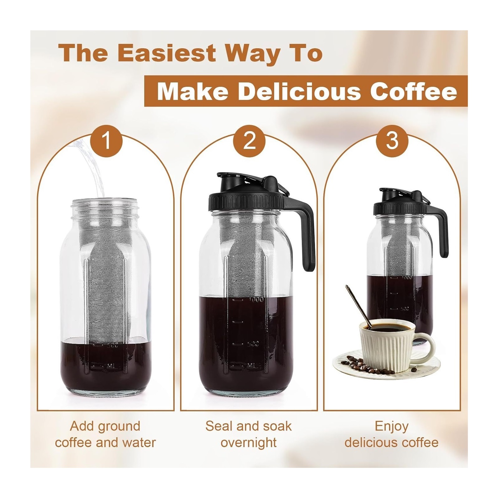 Cold Brew Coffee Maker Pitcher 64 OZ - Glass Mason Jar with Stainless Steel Infuser Filter for Iced Coffee, Ice Tea, Brewed Making