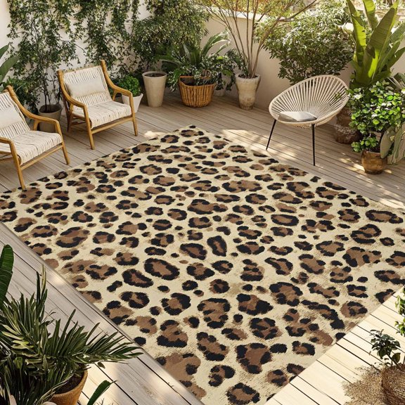 Fsddascl Yellow Brown Leopard Outdoor Rug for Patio/Deck/Porch, Non-Slip Large Area Rug 4 x 6 Ft, Abstract Art Indoor Outdoor Rugs Washable Area Rugs, Reversible Camping Rug Carpet Runner