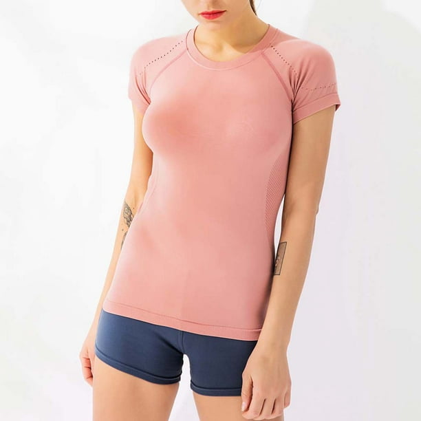 Womens Short Sleeve Yoga Summer Clothes Shirt O Neck Sports T