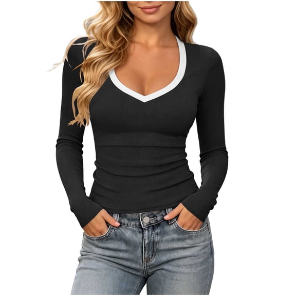 Vivianyo HD Women's Contrast Trim V Neck Ribbed Top, Fall Fitted Long Sleeve Knit Pullover for Women, Sizes S-2XL