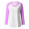 thumbnail image 4 of AXXD Purple Basic Blouses for Women Business Casual Summer 2024 Ladies V Neck Loose Tops Casual Patchwork Color T-Shirts Long Sleeve Blouse, 4 of 4