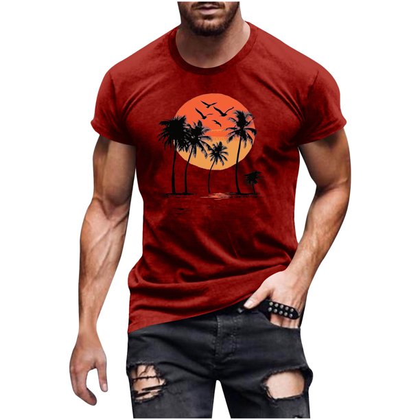 Hombres Pantalones Cortos de Manga Corta Impresa Casual Cuello Redondo Superior, Camisa de Moda para el Verano Y la Primavera