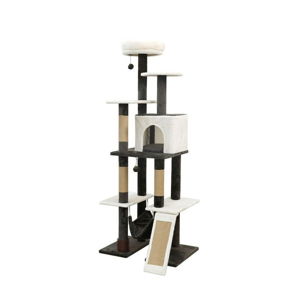 Vibrant Life 6 Level Multi-Functional Cat Activity Tower with Grooming Massager, 65" tall cat tree with condo