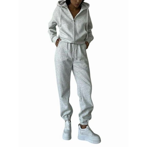 Women'S Fall 2 Piece Sweatsuits Set Long Sleeve Zip Up Sweatshirt Wide Leg Sweatpants Lounge Sets Light Gray S