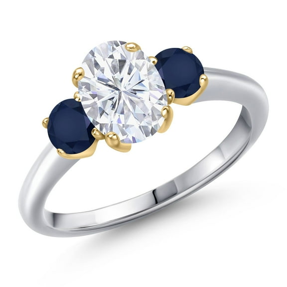 Gem Stone King 10K Two Tone Gold White Moissanite and Blue Sapphire Engagement Ring for Women | 2.20 Cttw | Oval 8X6MM | Gemstone Birthstone | Size 5