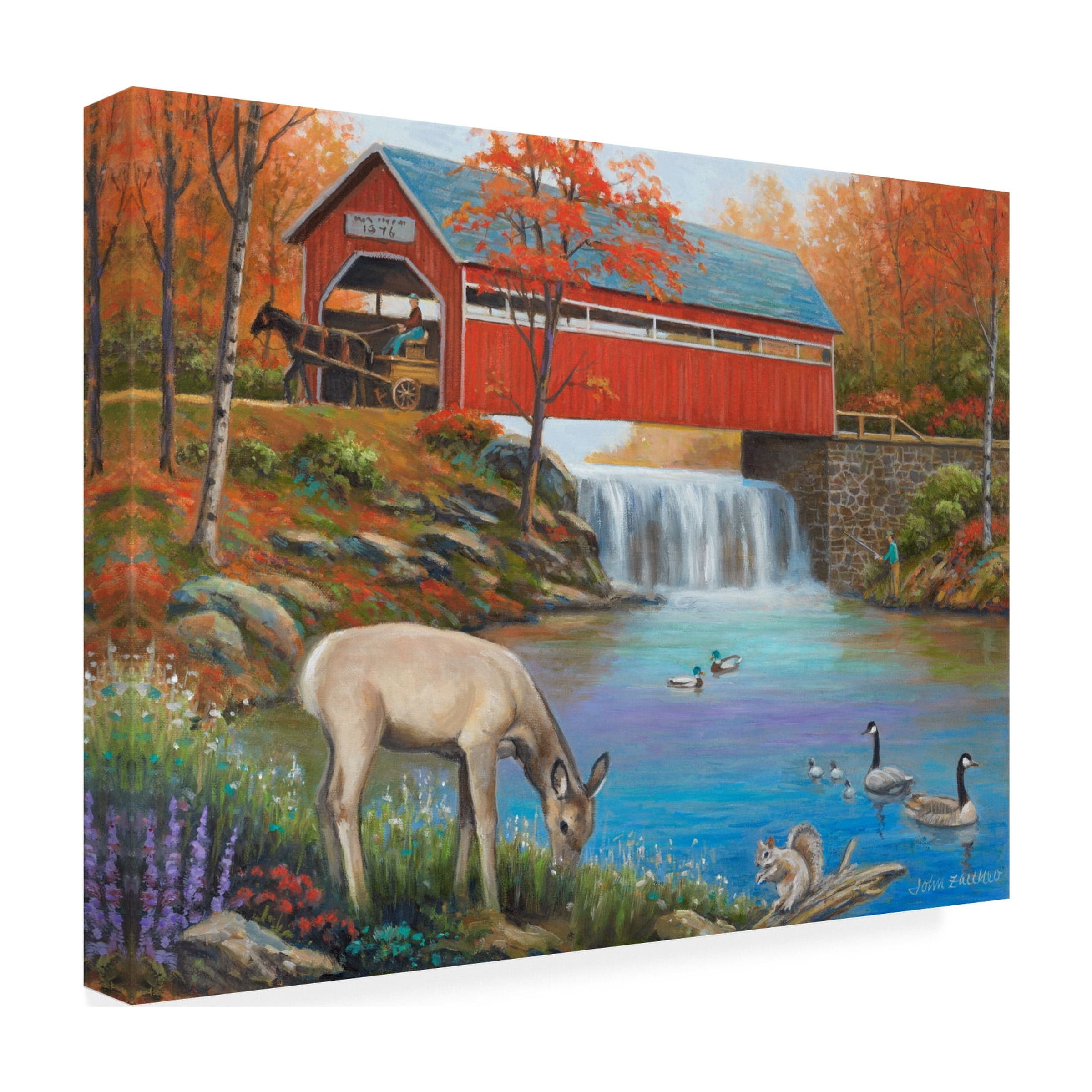 Canvas Wall Art - John Zaccheo 'Life by the Covered Bridge' Wall Art for Living Room, Bedroom, or Office Décor by Trademark Fine Art - 24 x 24 Inches