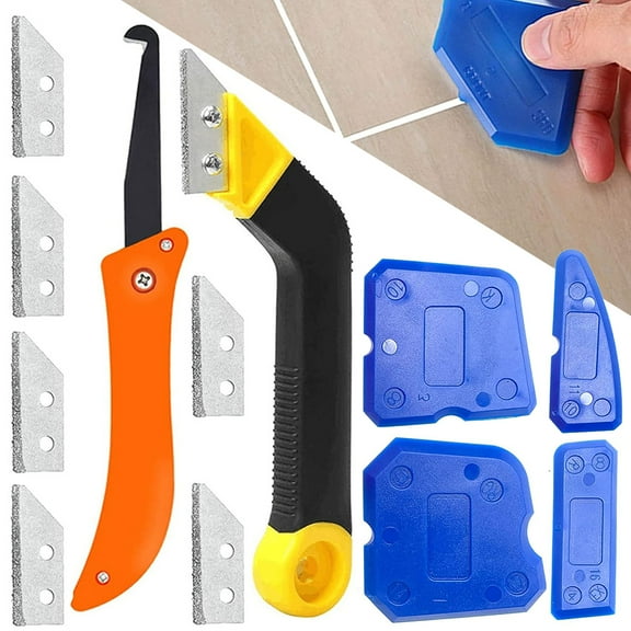 verlacod Grout Removal Caulking Tool Set with Tile Grout Saw Hook Cutter 6 Replacement Blades and 4 Sealant Tool Sturdy Angled Grout Scraping Caulk for Kitchen Living Room Balcony Tile Cleaning