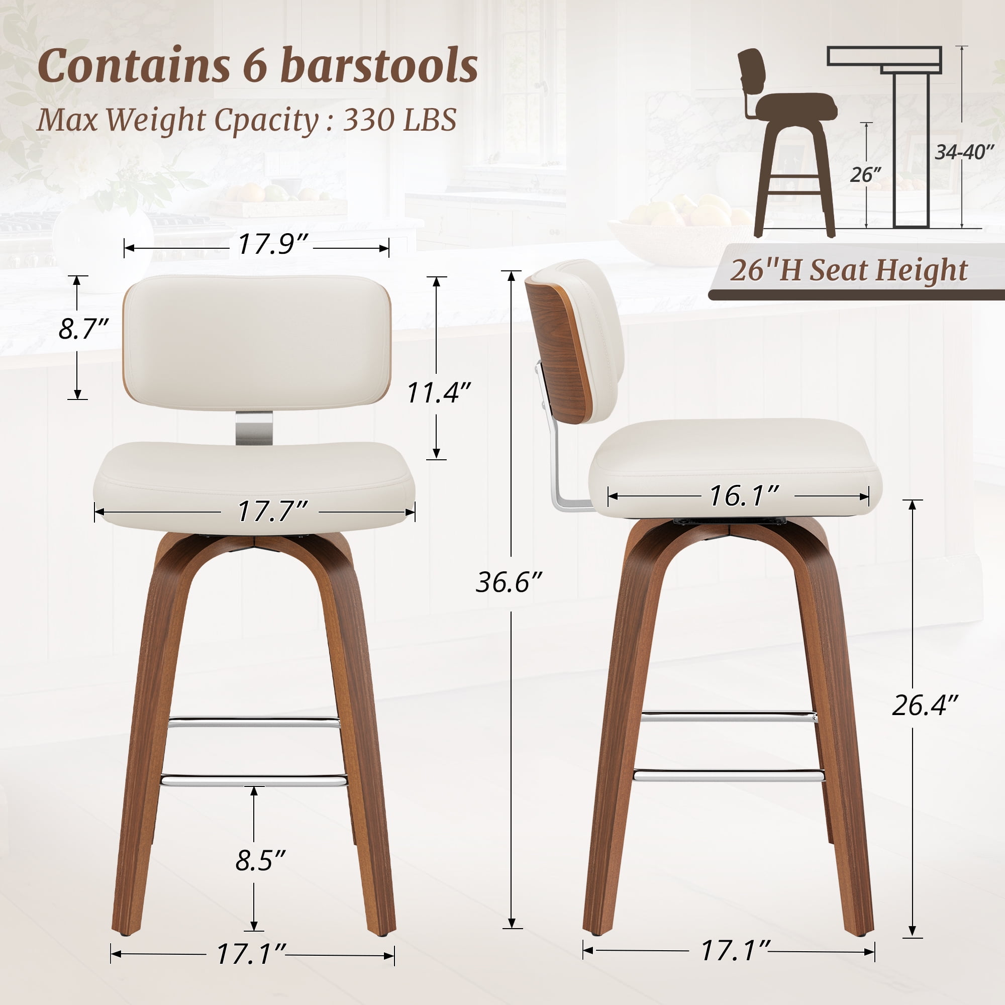 Dycanpo 26"H Counter Height Bar Stool Set of 3 with Back PU Leather for Home Kitchen, White