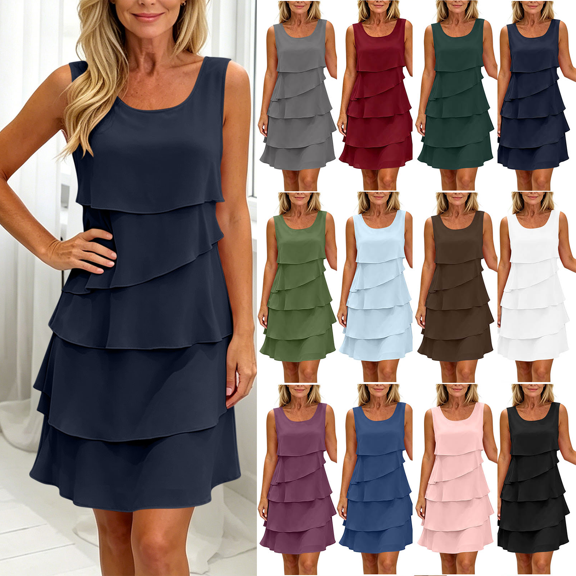 Dvprdro Crew Neck Sleeveless Chiffon Asymmetric Hem Loose A Line Mini Dress for Women Summer Beach Casual Solid