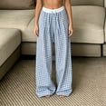 thumbnail image 6 of ClodeEU Women's Plaid High Waisted Wide Leg Pants ,Loose Fit Straight Floor Length Trousers for Summer Blue,Women's Plus M, 6 of 8