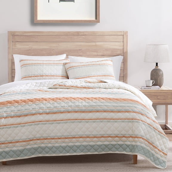 Indigo Hill Mystic Stripe 3 Piece Cotton Gauze Printed Coral Quilt Set, Shabby Chic Bedding Bedding, Full Queen