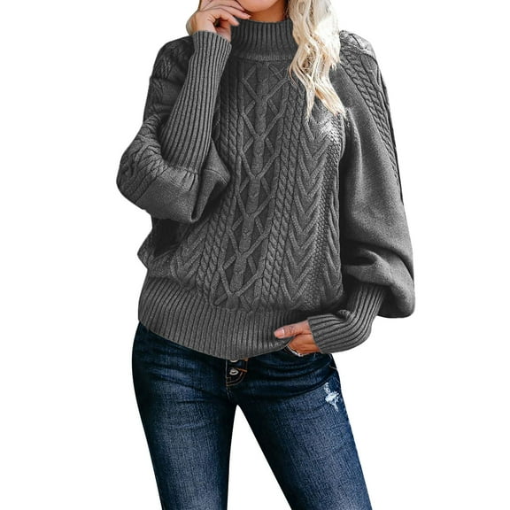 Ediodpoh Ladies Mid Neck Sweater Loose Long Sleeve Knit Solid Color Sweater Pullover Top Women Sweaters Dark Gray S