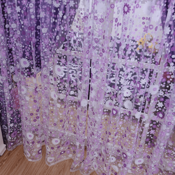Printed Floral Voile Sheer Window Curtains, Rod Pocket Room Divider Curtains for Living Room & Bedroom, Light Filtering Door Curtain Panels, Decorative Sheer Drapes for Home Decor, 79*39in, Purple
