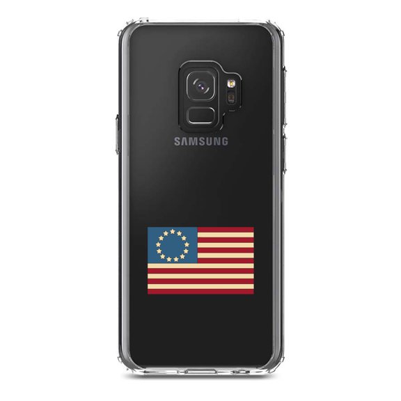 DistinctInk Clear Shockproof Hybrid Case for Samsung Galaxy S9 (5.8" Screen) - TPU Bumper Acrylic Back Tempered Glass Screen Protector - USA Colonial Flag Red White & Blue