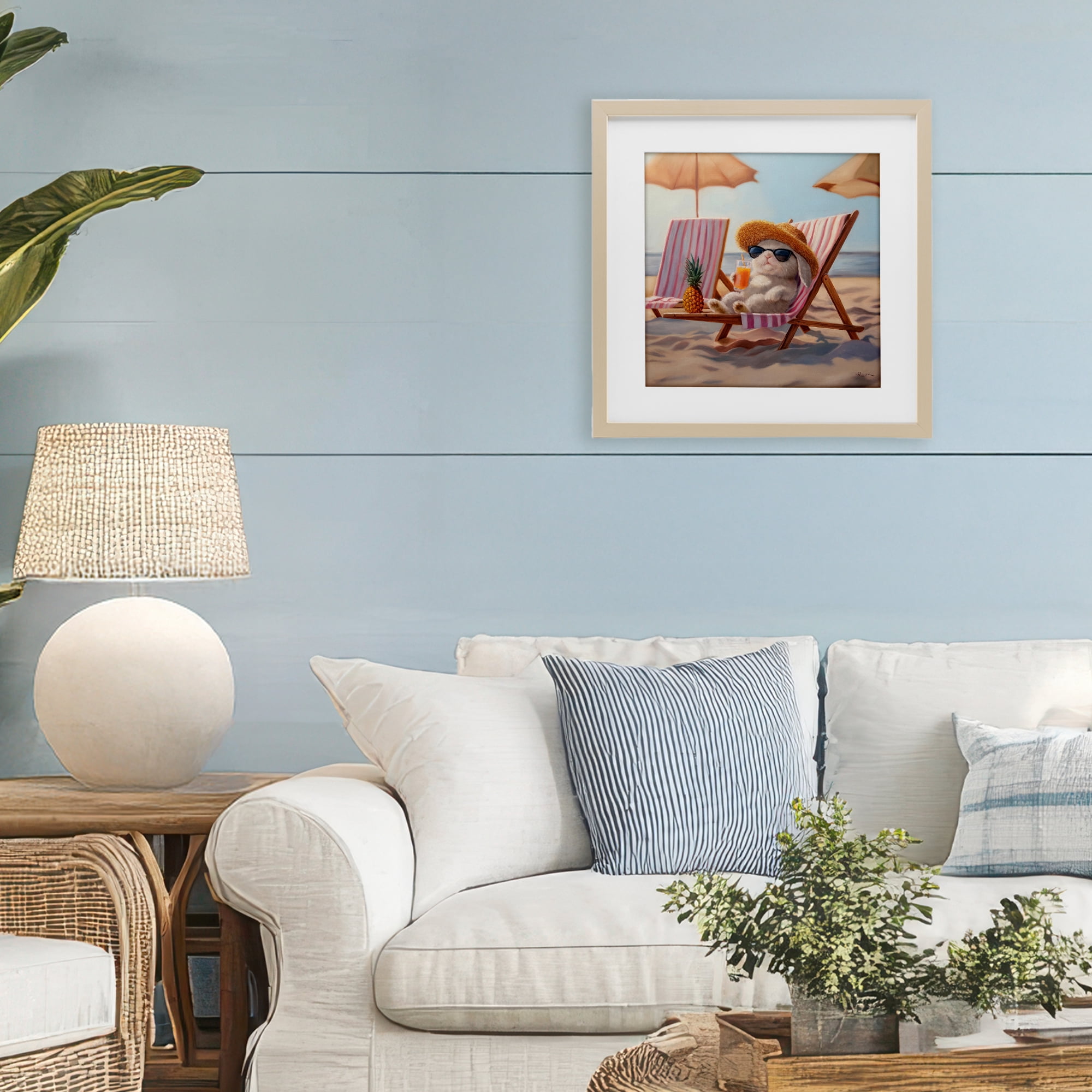 Beach Bun Relaxation Birch Framed Print Under Glass, design by Lucia Heffernan
