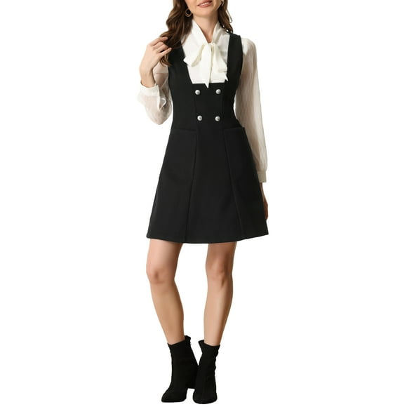 INSPIRE CHIC Pinafore Dress for Women's A-Line Double Breasted Overalls Suspenders L Black