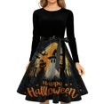 thumbnail image 4 of Halloween Dresses for Women Pumpkin Spider Long Sleeve 1950s Cocktail Classic Dress Crew Neck Hepburn Fall Vintage Tea Length Dress with Belt 2XL, 4 of 5