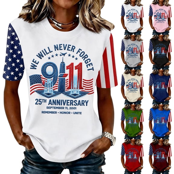 911 Never Forget Shirt 9/11 25th Anniversary Tshirt | We Will Never Forget Short Sleeve Tee, Remember Honor Unite Casual Summer Top