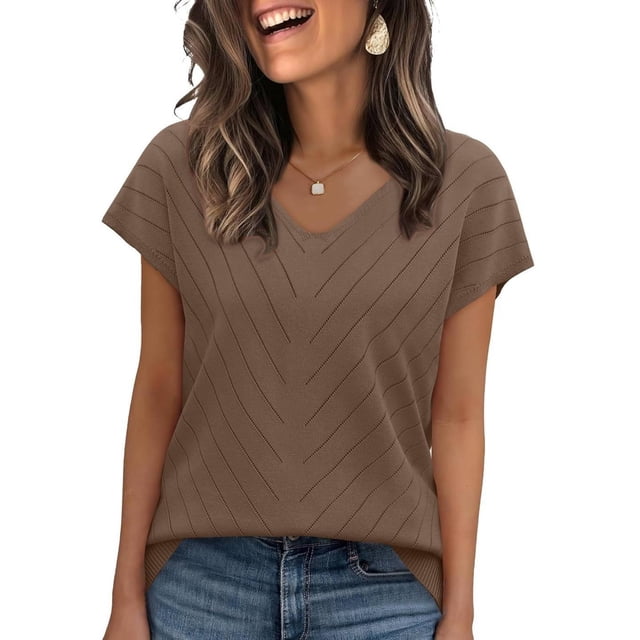 TaTaai Fashion Solid Color Women Top Knit Hollow Out Loose Fit Short Sleeve Soft Breathable Stretch Lightweight Daily Lounge Street Casual Wear T Shirt Gift